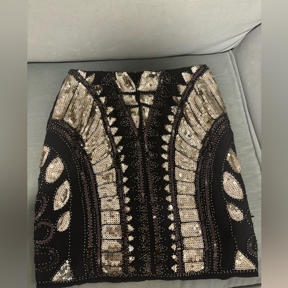 Molly Bracken Black and Gold Sequin Pencil mini  Skirt NWT